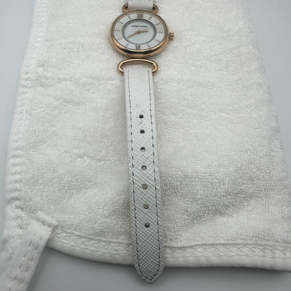 Anne Klein Rose Gold Tone Mother of Pearl Dial White Leather Strap Watch - Picture 5 of 9